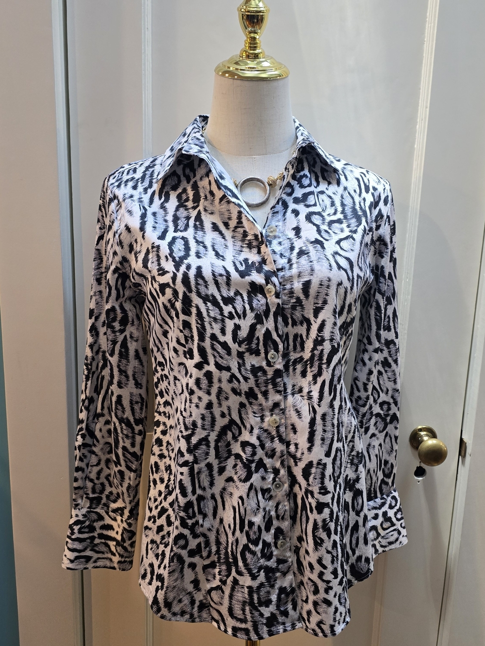 Hinson Wu Diane Black & White Leopard Print Button-Front Blouse